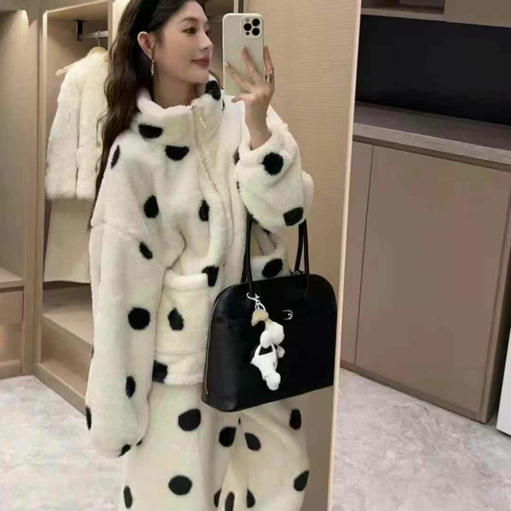 Cute Polka Dot Couple Homewear Autumn Winter Coral Fleece Thickened Zipper High Neck Homewear Set Suitable for Outerwear