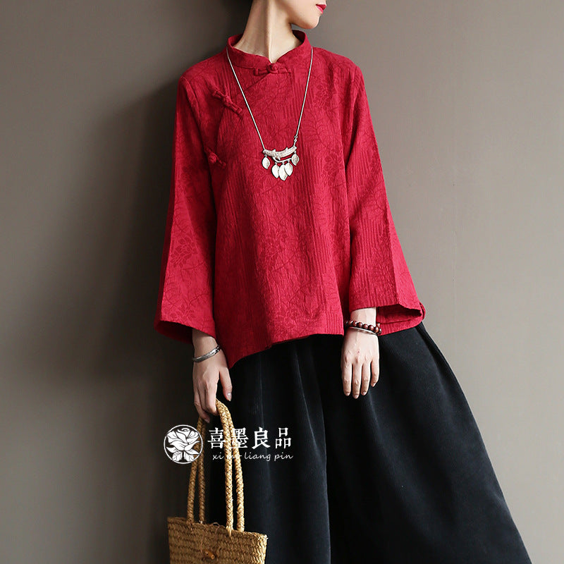 8813Xi Mo Women's Clothing Republic of China Retro Artistic Spring and Autumn New Double Layer Jacquard Button Shirt Chinese Style Short Top
