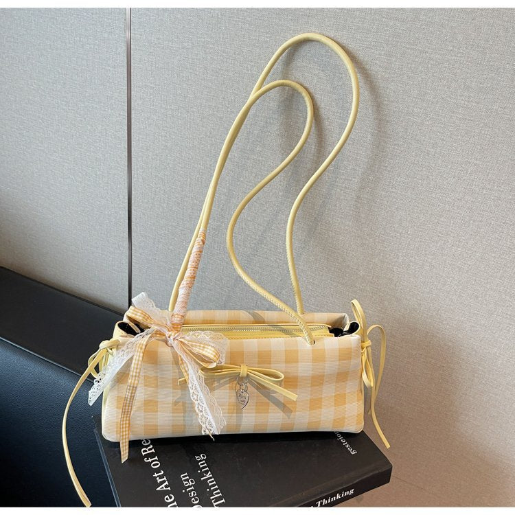 Dopamine Plaid Handbag Small Tote Bag for Women Summer2025New Ballet Style Bow Baguette Bag Underarm Bag Trendy