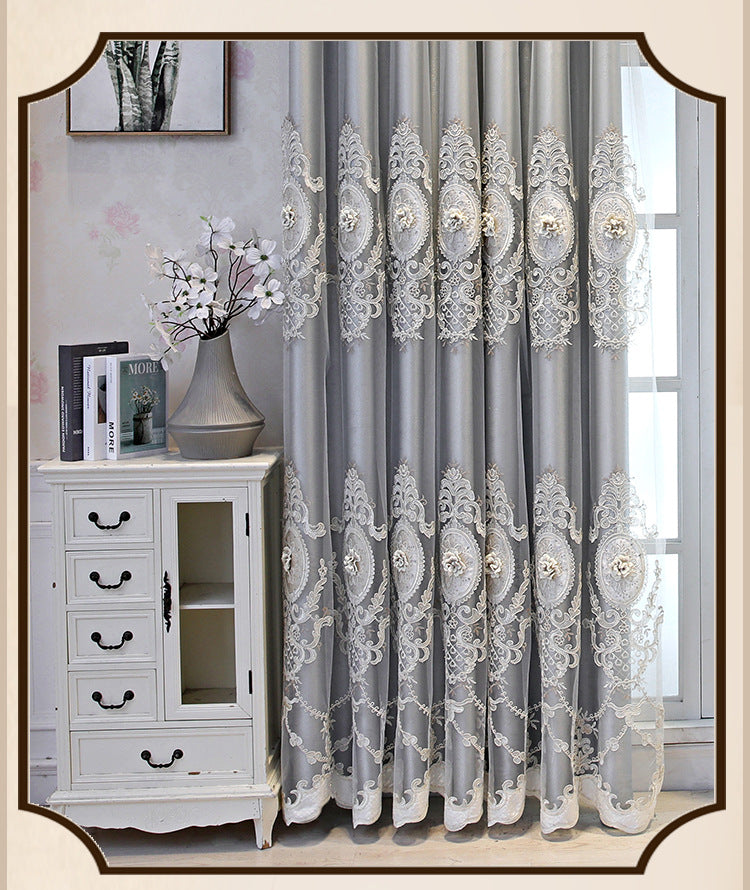 European Style High-End Simple Modern Fabric Sheer Integrated Blackout Double Layer Embossed Embroidered Curtains for Living Room Bedroom Balcony