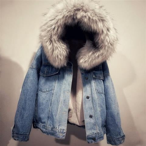 In-stock Short Cotton Jacket2025Winter Fleece-Lined New Cotton Jacket Loose Korean Style Denim Fur Collar Thickened Coat for Women