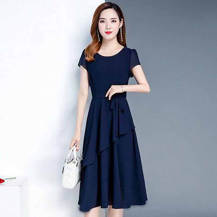 Summer New Fashionable Slimming Age-Reducing Skirt Elegant Mid-Length Style a Round Neck Plus Size Loose Women's Dress