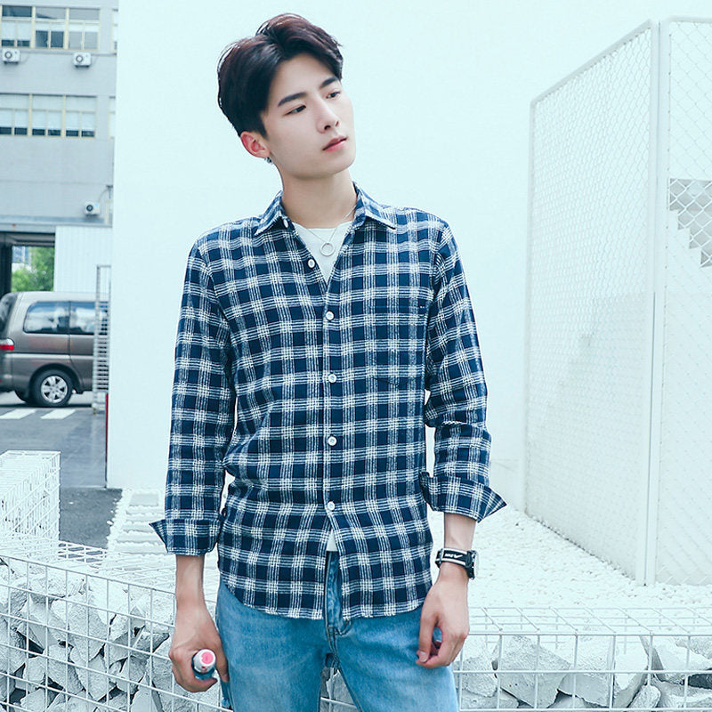 2025Plaid Long Sleeve Shirt Men Korean Version Slim Fit Youth Trendy Handsome Shirt Couple Casual Thin Shirt