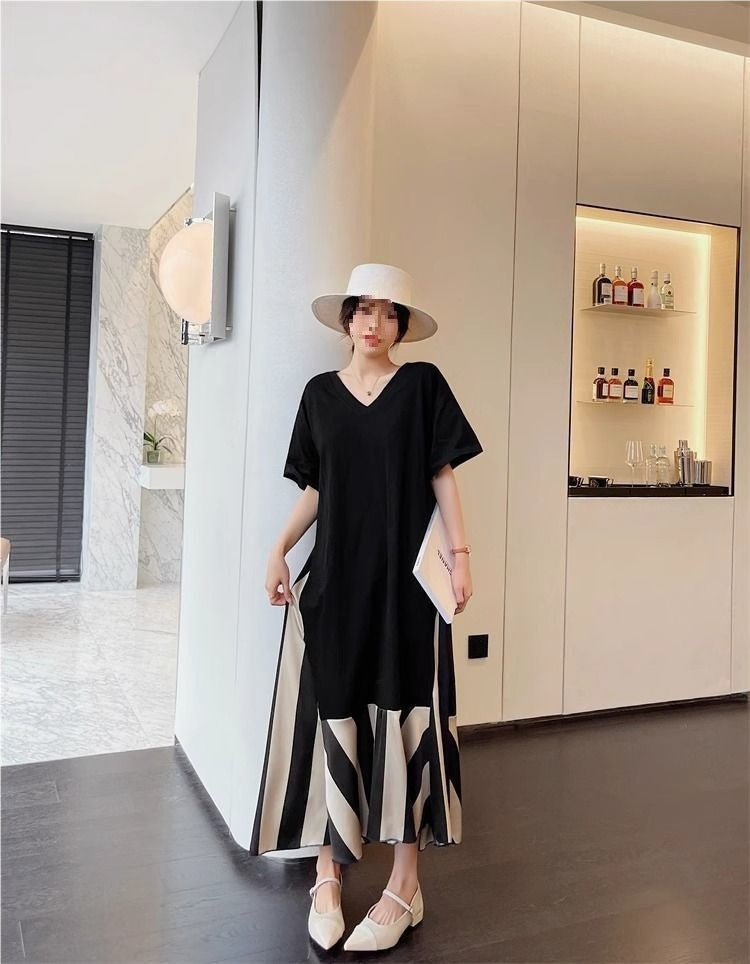 Plus Size Women's Fashion Luxury2-300Loose-fitting summer dress for plus-size women mm Slimming Long Style V Collar T T-shirt Skirt