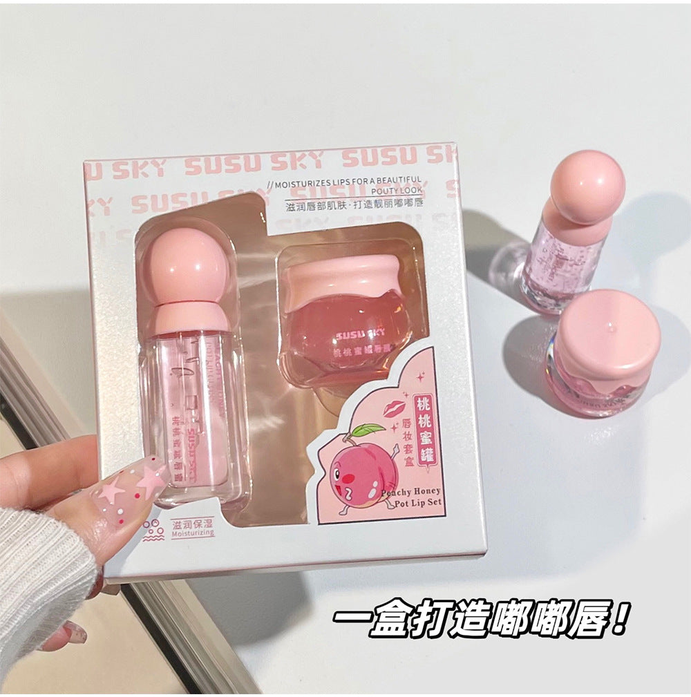 SUSU SKY Peach Honey Pot Lip Makeup Set Moisturizing Hydrating Autumn Winter Anti-Chap Exfoliating Nourishing Repair