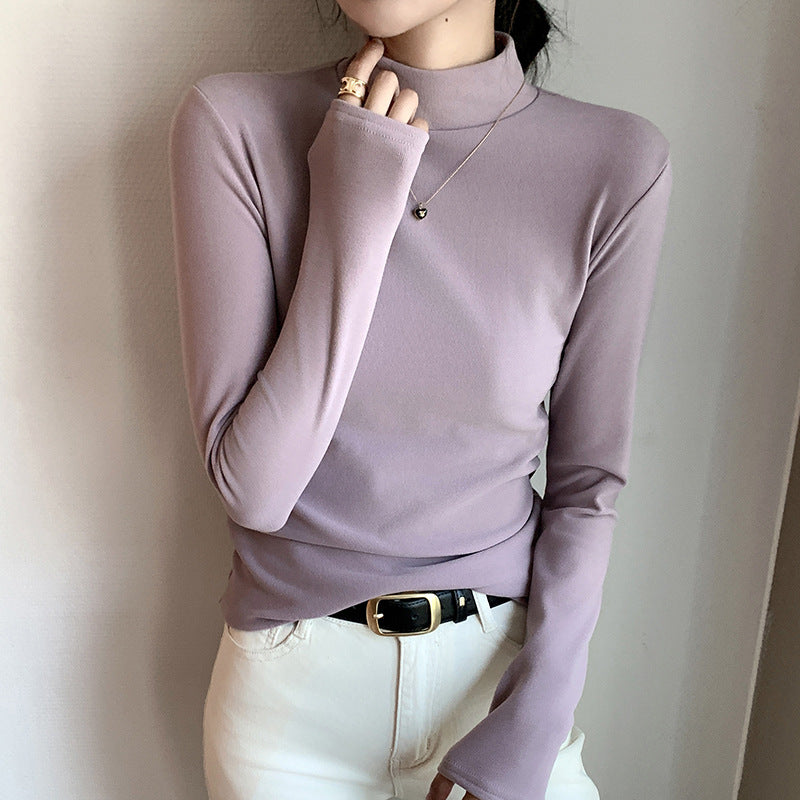 Half Turtleneck Double-Sided Thermal Base Shirt for Women, Spring and Autumn Style, Stylish Inner Wear, Solid Color, Fleece-Lined, Thickened, Warm Long-Sleeve Top
