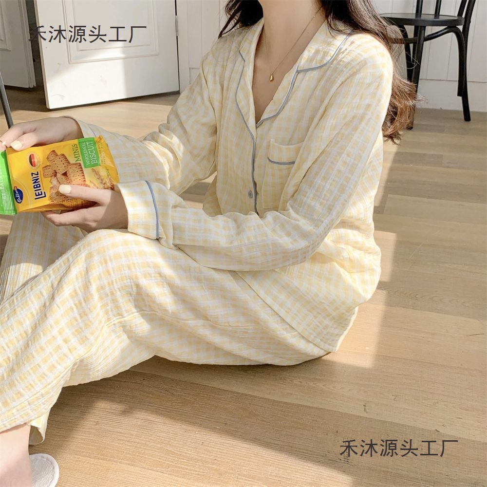 Spring and Autumn Japanese Style ins Color-Block Plaid Couple Pajamas for Women, Simple Outerwear, Cute Long-Sleeve Homewear, Men's Set