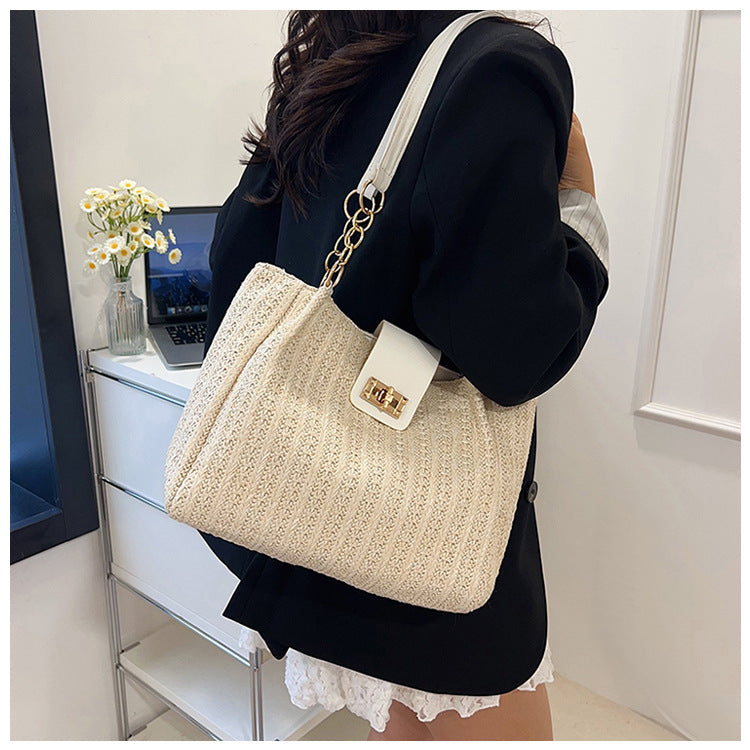 2025Women's Spring New Small Chanel Style Bag for Work Commute Versatile Straw Woven Large Capacity Wide Shoulder Strap Women's Single Shoulder Bag