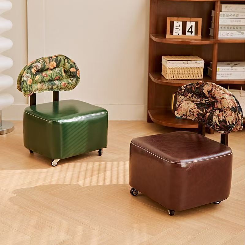 Home Small Stool Living Room Rocking Chair Solid Wood Backrest Rotating Caster Low Stool Entrance Shoe Changing Stool Foot Washing Stool with Wheels