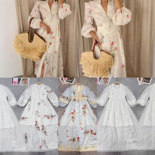 2025Spring and Summer European and American Cross-Border Palace Retro Style V Collared Waist Lantern Sleeve Printed Long Dress for Women