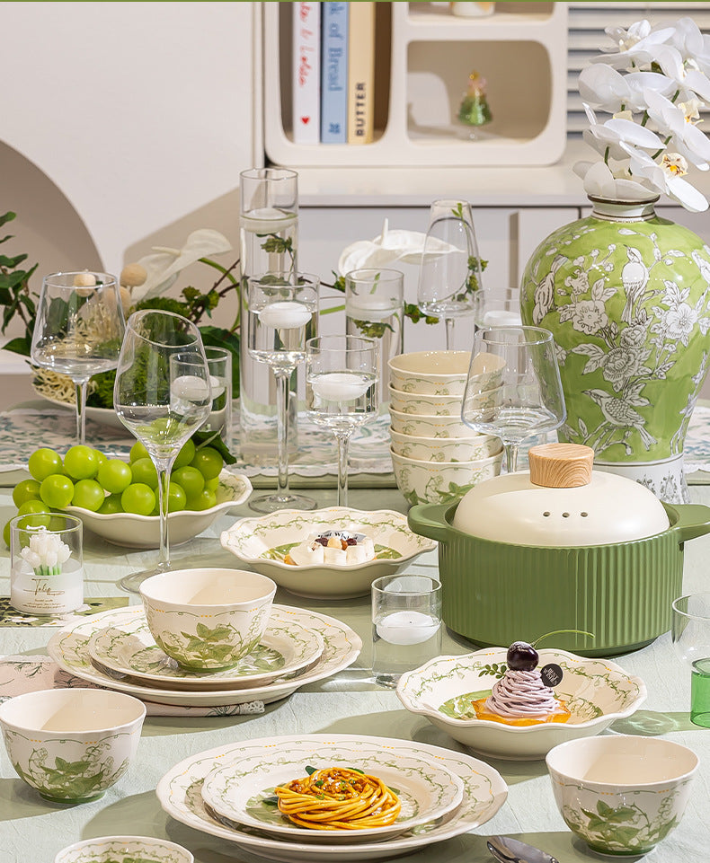 Lily of the Valley Bowl and Plate Set Household Ceramic Tableware Set Pastoral Style High-Value Underglaze Color Vegetable Plate Soup Plate Bowl and Chopsticks