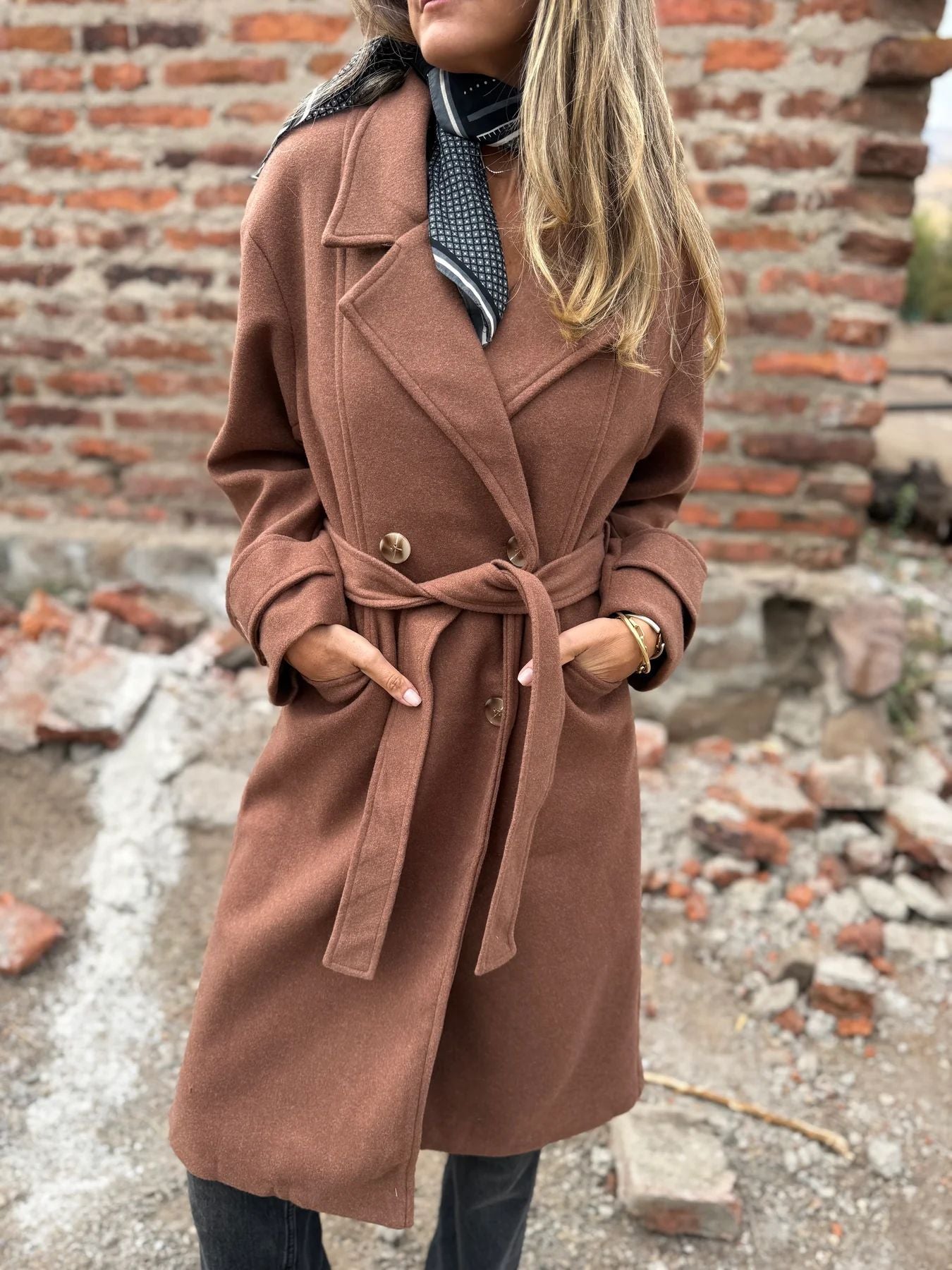 2025Amazon European and American Cross-Border Autumn Winter New Lace-Up Cardigan Casual Long Sleeve Turn-Down Collar Woolen Pocket Coat for Women
