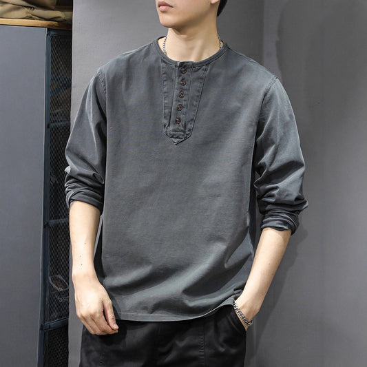 2025New casual men's pure cotton long sleeves t Loose Thin Spring Autumn Trendy Brand Henley Collar Base Shirt Sweatshirt