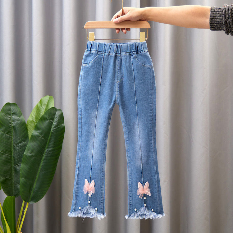 Children's Clothing Wholesale Girls' Jeans Spring and Autumn New Style Medium and Large Children's Slim Pants Baby Casual Girls' Flared Long Pants