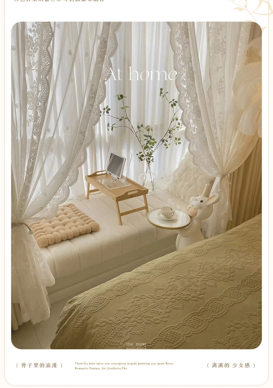 New Cream Style Curtains Cozy Bedroom Blackout Lace Double Layer Fabric Sheer Integrated Bay Window Floor-to-Ceiling Thickened High-End