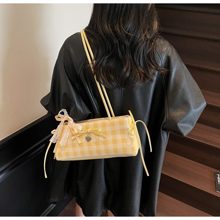 Dopamine Plaid Handbag Small Tote Bag for Women Summer2025New Ballet Style Bow Baguette Bag Underarm Bag Trendy