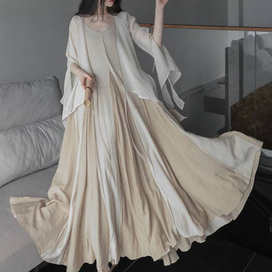 2025Spring New Heavy Craft Large Hem Strap Dress New Chinese Style Retro National Style Artistic Patchwork Long Dress