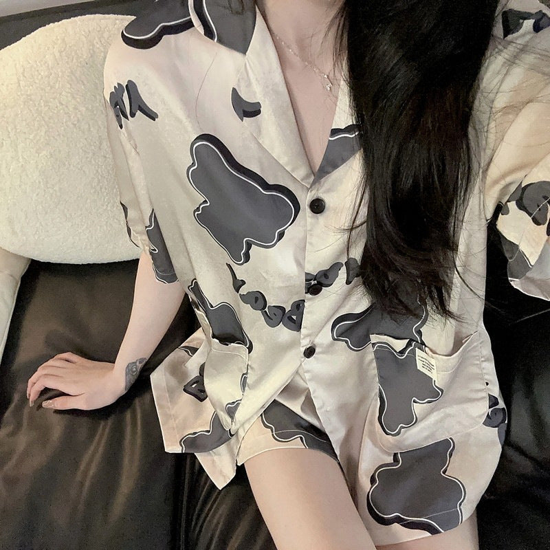 Wholesale Thin Couple Pajamas for Women Spring Autumn Summer Ice Silk Homewear Summer Men's Hot Short Sleeve Shorts Set