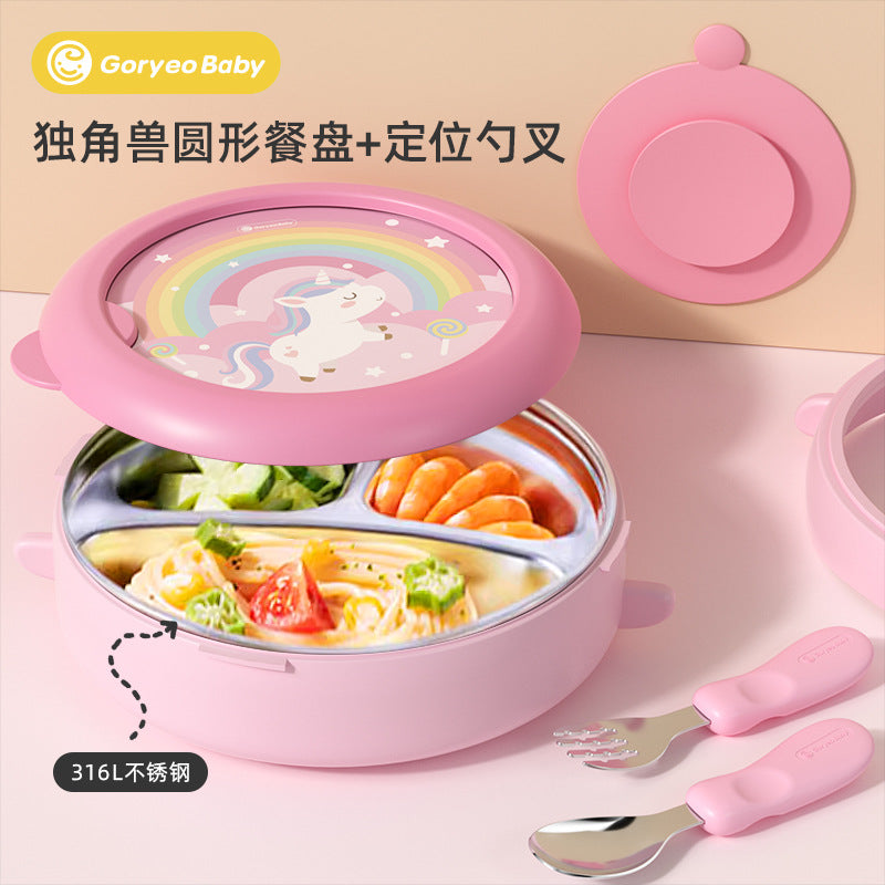 goryeobaby Children's Stainless Steel Plate Baby Suction Bowl Water-Insulated Bowl Baby Divided Plate Baby Food Utensils