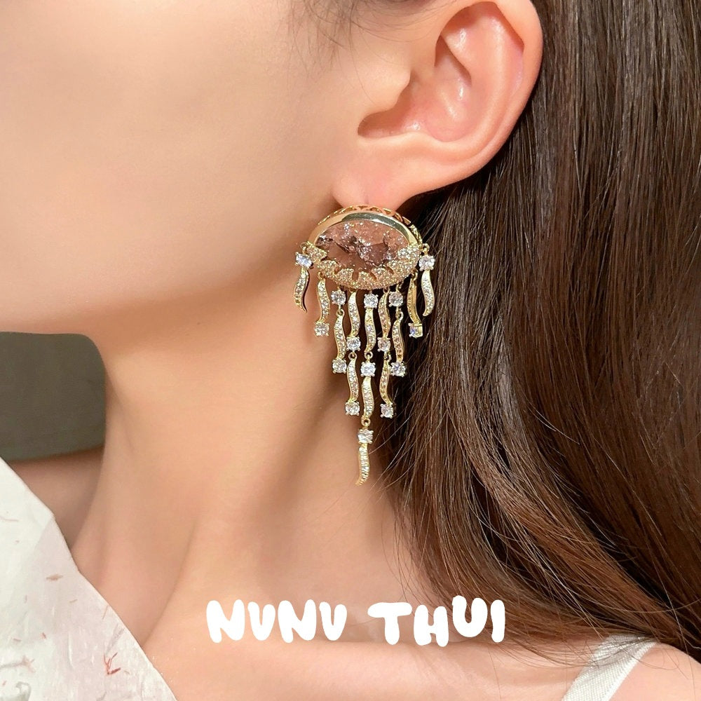 Sparkling Paphos Cloud Pattern Jellyfish Tassel Gemstone Earrings The Joy of a Rich Woman Egg-shaped Princess Pink Earrings