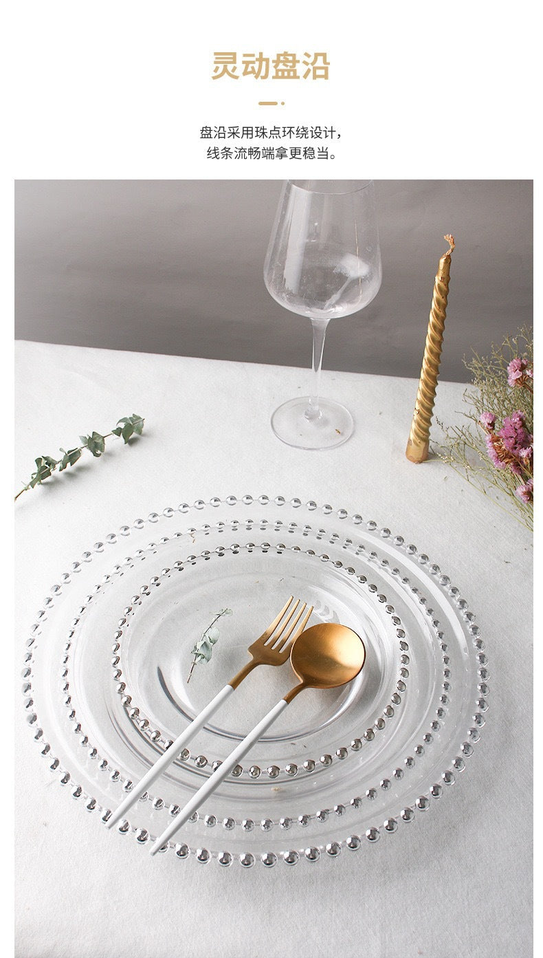 Nordic Gold-Plated Bead Plate Luxury Glass Electroplated Plate Round Pearl Western Steak Plate Silver Large Size Bead Plate
