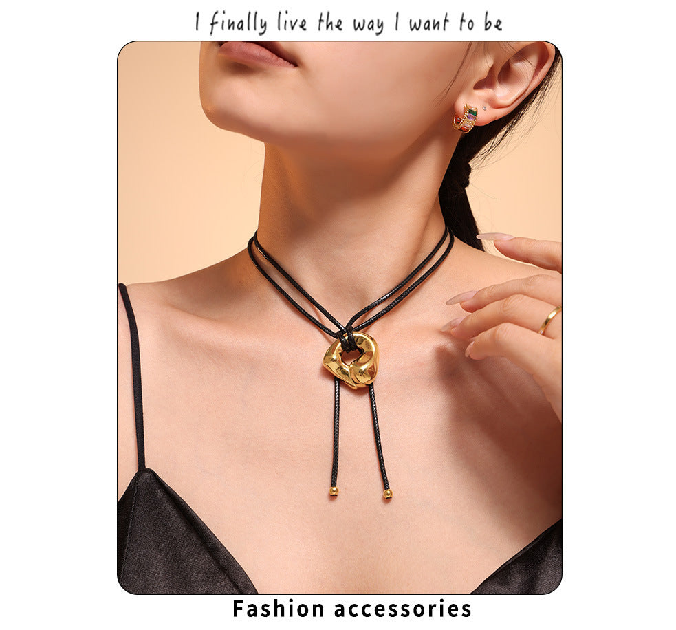 Mili Jewelry New Adjustable Leather Cord Necklace for Women Heavy Craft Curved Design Titanium Steel PVD Plating18k Genuine Gold In Stock