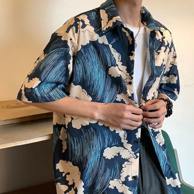 Summer Short Sleeve Floral Shirt for Men and Women Hawaiian Retro Hong Kong Style Loose Ice Silk Shirt Couple Outfit