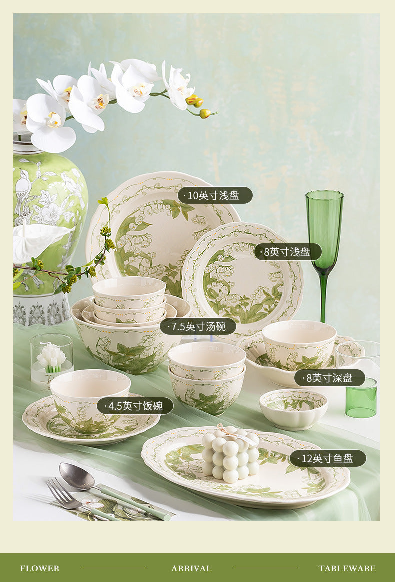 Lily of the Valley Bowl and Plate Set Household Ceramic Tableware Set Pastoral Style High-Value Underglaze Color Vegetable Plate Soup Plate Bowl and Chopsticks