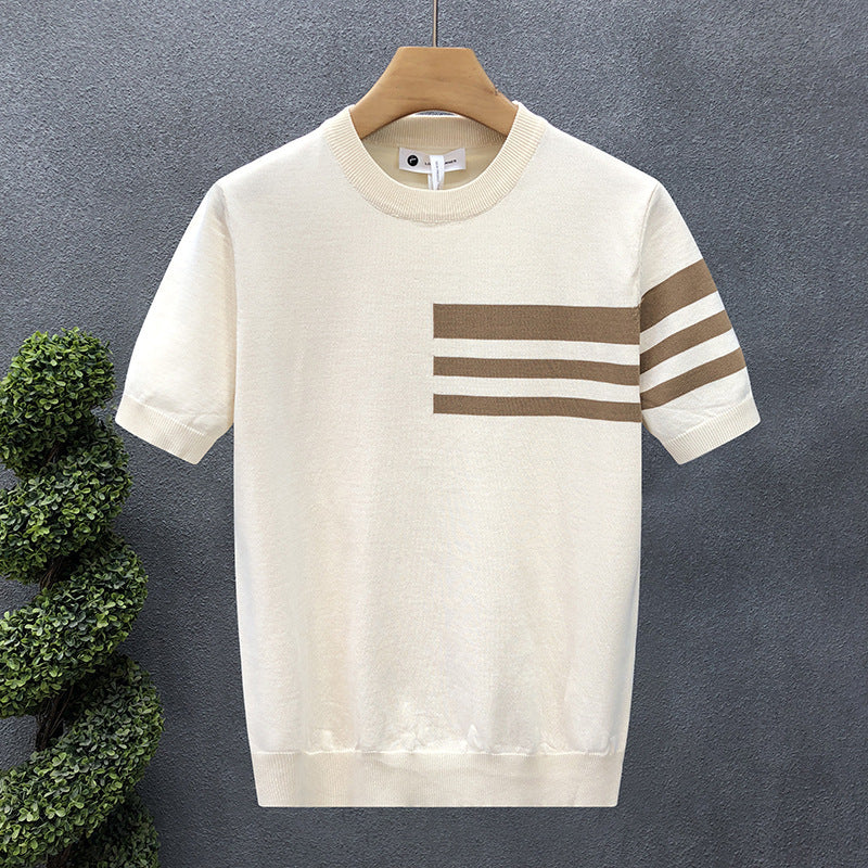 2025New Short Sleeve Knitted Shirt for Men, Striped, Simple, High-End Business, Mature, Slim Fit, Ice Silk T Men's Shirt