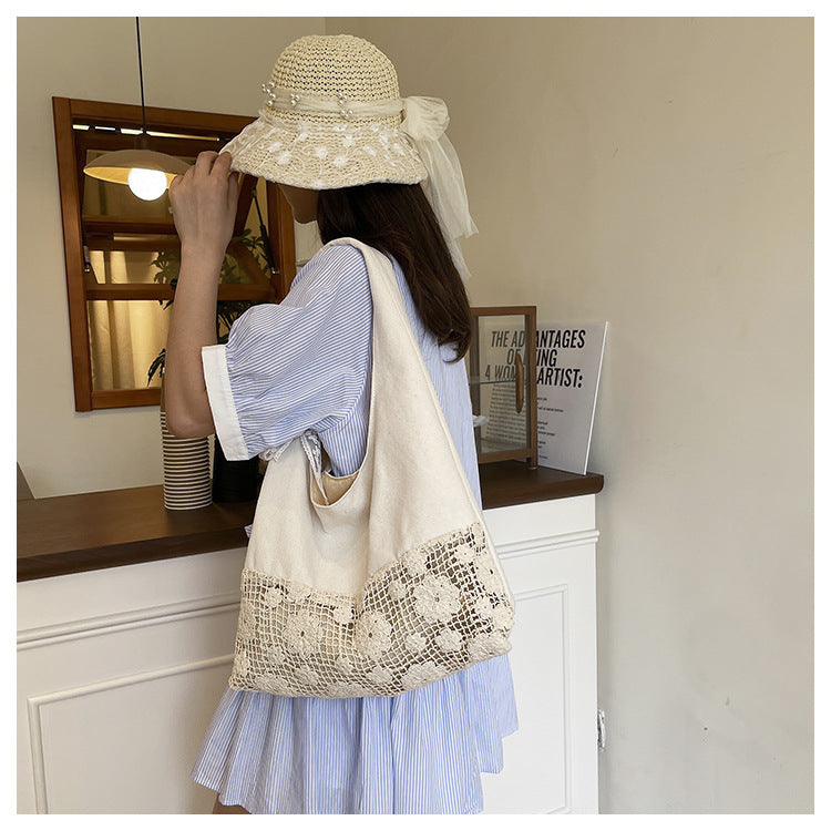 Design Summer Vacation Style Large Capacity Beach Bag Niche Lace Canvas Underarm Bag Women's Floral Single Shoulder Tote Bag