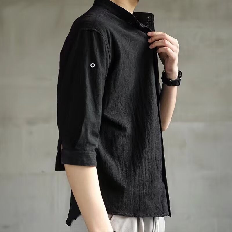 Japanese Retro Stand Collar Short Sleeve Shirt for Men Summer Trendy Brand Style Elegant Men's Shirt Plus Size Three Quarter Sleeve