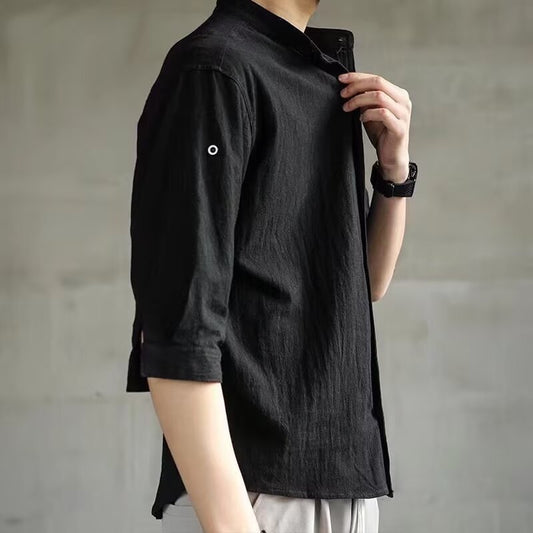 Japanese Retro Stand Collar Short Sleeve Shirt for Men Summer Trendy Brand Style Elegant Men's Shirt Plus Size Three Quarter Sleeve