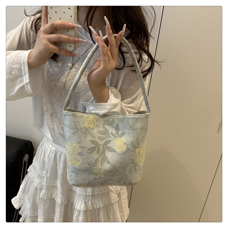 Lady's New Chinese Style Starlight Dream Tote Bag Black Shoulder Bag Embroidered Flower Vintage Handbag