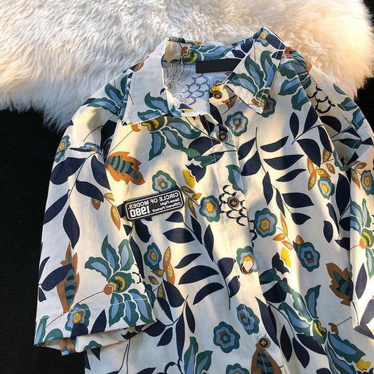 American Style Full Print Design Niche Shirt for Men and Women Summer Hong Kong Style Simple Loose College Style Couple Short Sleeve Trendy