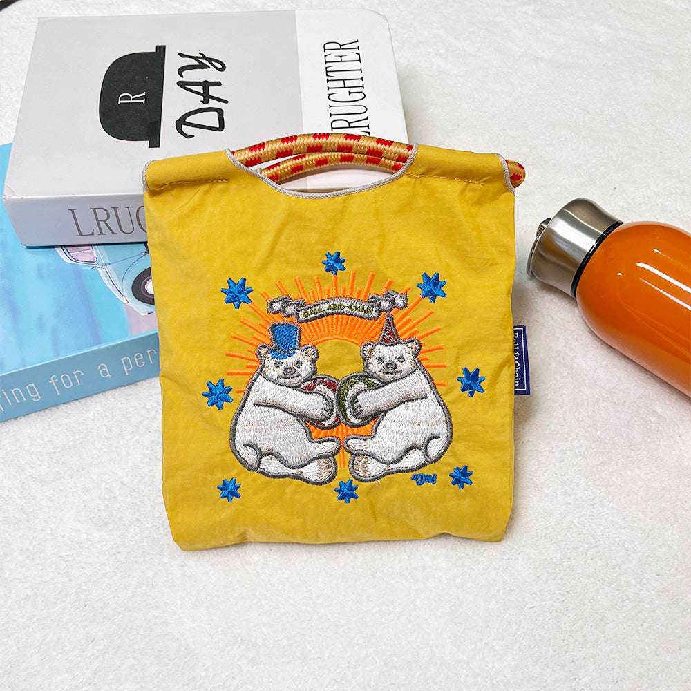 Japanese Style BallChain Same Style Eco-Friendly Embroidered Shopping Bag Nylon Fabric Floral Handheld Niche Fashion Shopping Bag