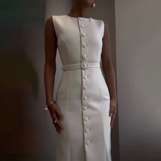 2025Summer New European and American Amazon Cross-Border Women's Solid Color Round Neck Sleeveless Single-Breasted Multi-Button Elegant Dress