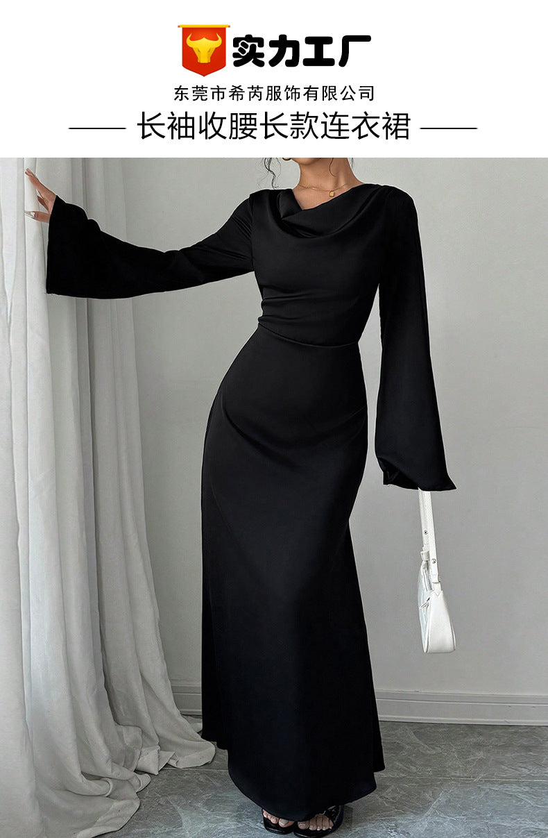 Pear-shaped Body Wear Women's Long-sleeved Loose Belted Waist Black Long Dress High-end Sense of Temperament Style Dress for Women