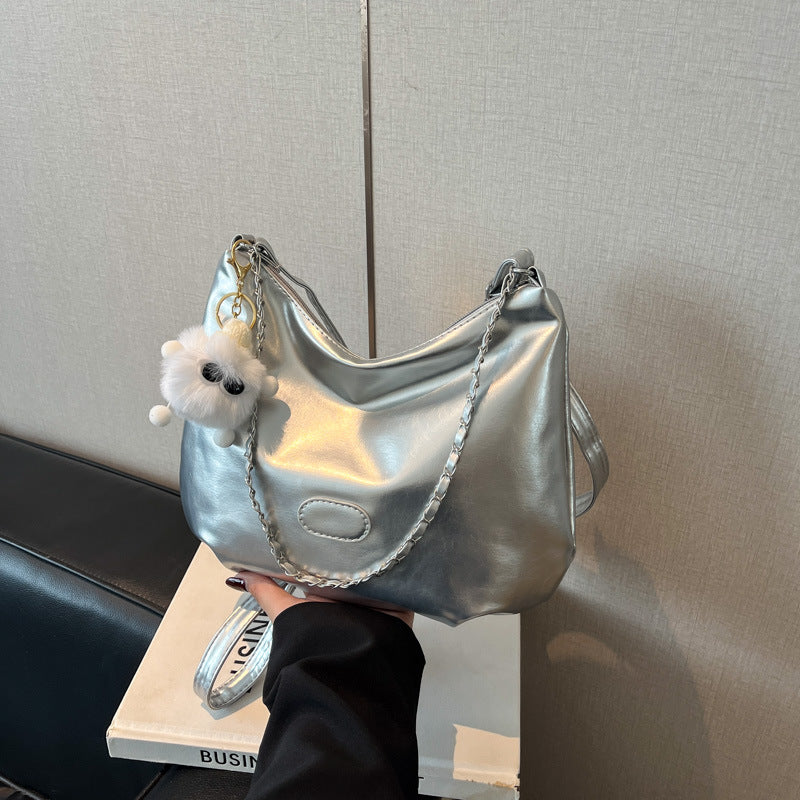 Summer Fashion Simple Casual Soft Surface Fresh Glossy Solid Color Large Capacity Commuter Shoulder Crossbody Bag2025New