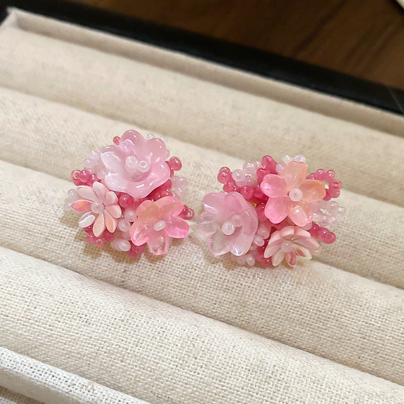 Resort Style Silver Needle Fabric Flower Tassel Earrings High-End Fashion Earrings Bohemian Sweet Exaggerated Ear Jewelry