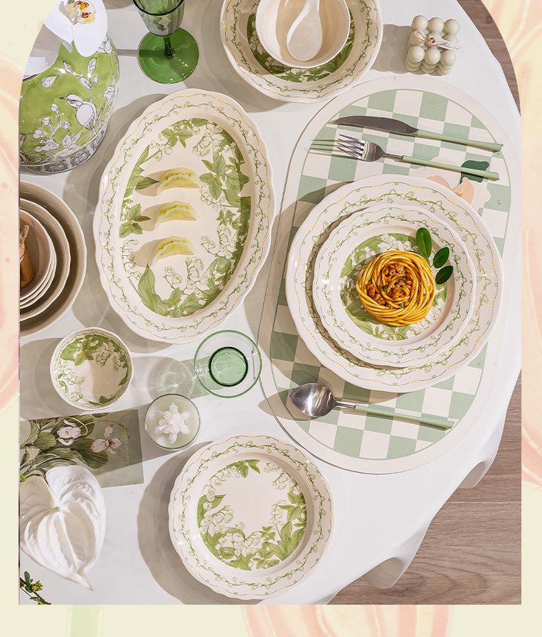 Lily of the Valley Bowl and Plate Set Household Ceramic Tableware Set Pastoral Style High-Value Underglaze Color Vegetable Plate Soup Plate Bowl and Chopsticks