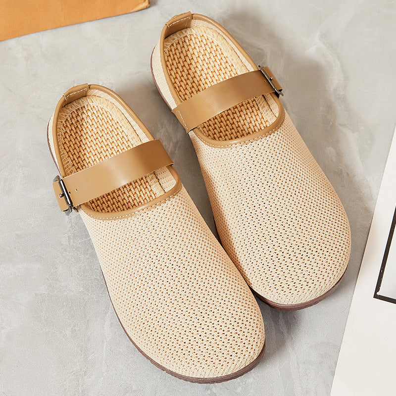 Shoes Women's Casual New Style Versatile Soft Sole Sandals insF French Style Women's Outdoor Slippers Flyknit Mesh Closed Toe Half Slipper