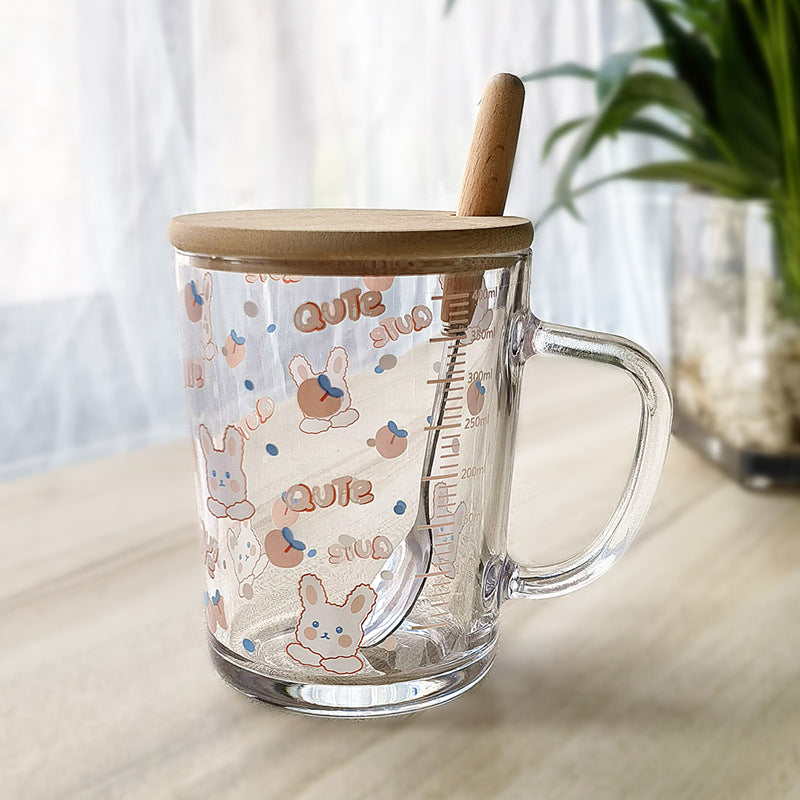 ins Glass Cup with Straw Milk Breakfast Cup Cute Cartoon Graduated Cup with Lid Spoon Gift Customization logo