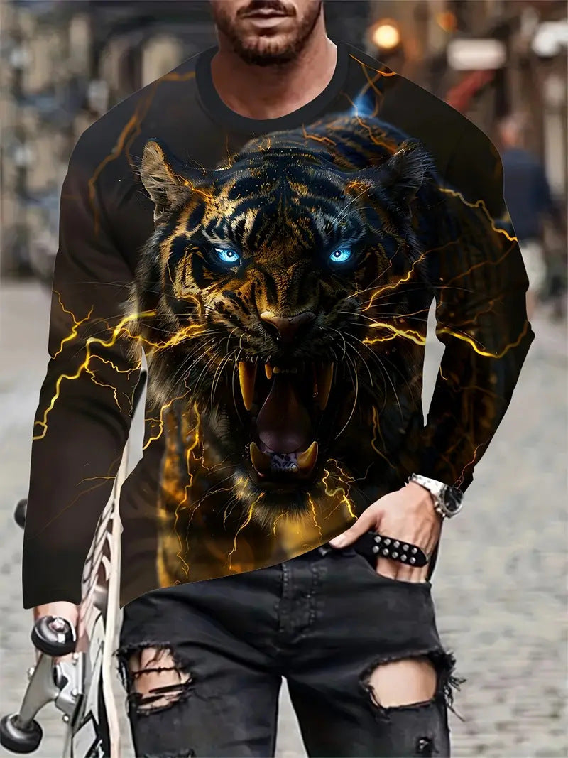 European and American Cross-Border Amazon Foreign Trade Men's Animal Fashion3D Digital Printing Casual Round Neck Long Sleeves T T-Shirt Wholesale