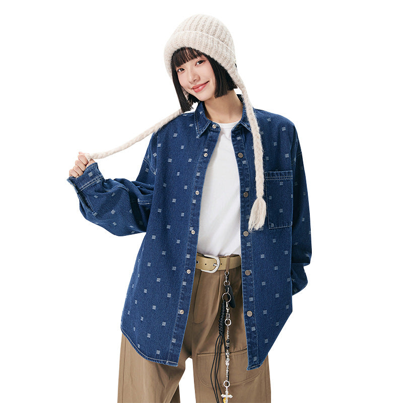 Pattern Jacquard Blue Denim Jacket Men Spring and Autumn Loose Casual Washed Shirt Long Sleeve Shirt Unisex