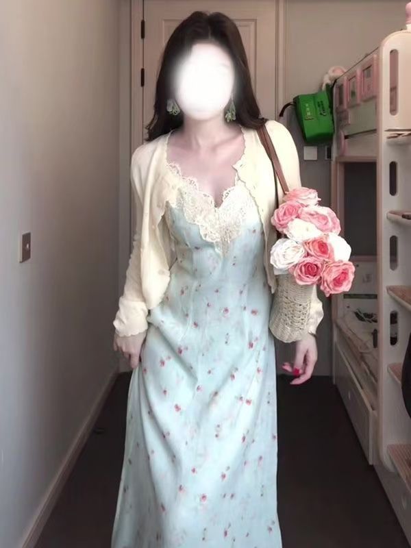 Fat mm Gentle Style Floral Strap Dress Plus Size Set for Women Spring Summer Long Sleeve Cardigan Lace Patchwork Waist-Cinching Long Dress