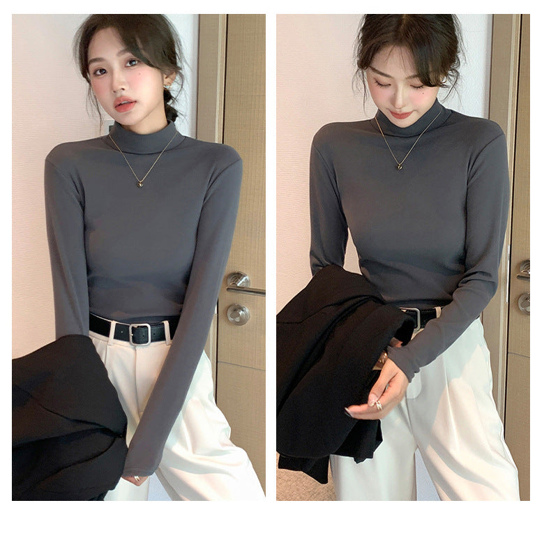 Half Turtleneck Double-Sided Thermal Base Shirt for Women, Spring and Autumn Style, Stylish Inner Wear, Solid Color, Fleece-Lined, Thickened, Warm Long-Sleeve Top