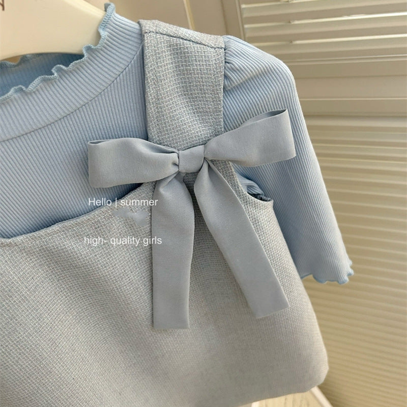 【Sweet Little Chef】Girls' Early Autumn Rolled Hem Base Shirt Bowknot Vest Dress Set Baby Little Chanel Two-Piece Trendy