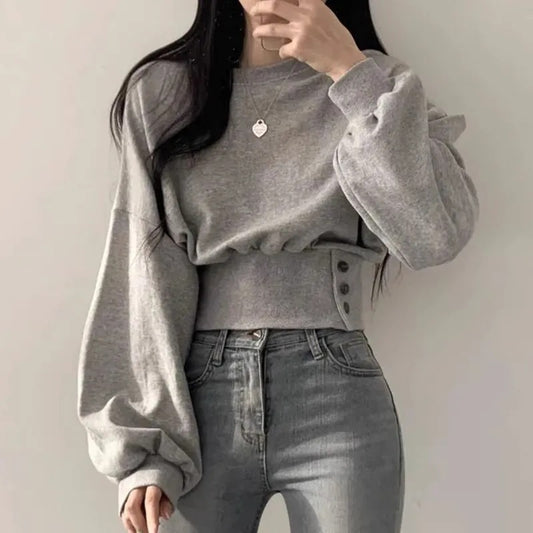Polyester Fish Scale    Korean Autumn Niche Design Round Neck Button Long Sleeve Short Pullover Sweatshirt for Women