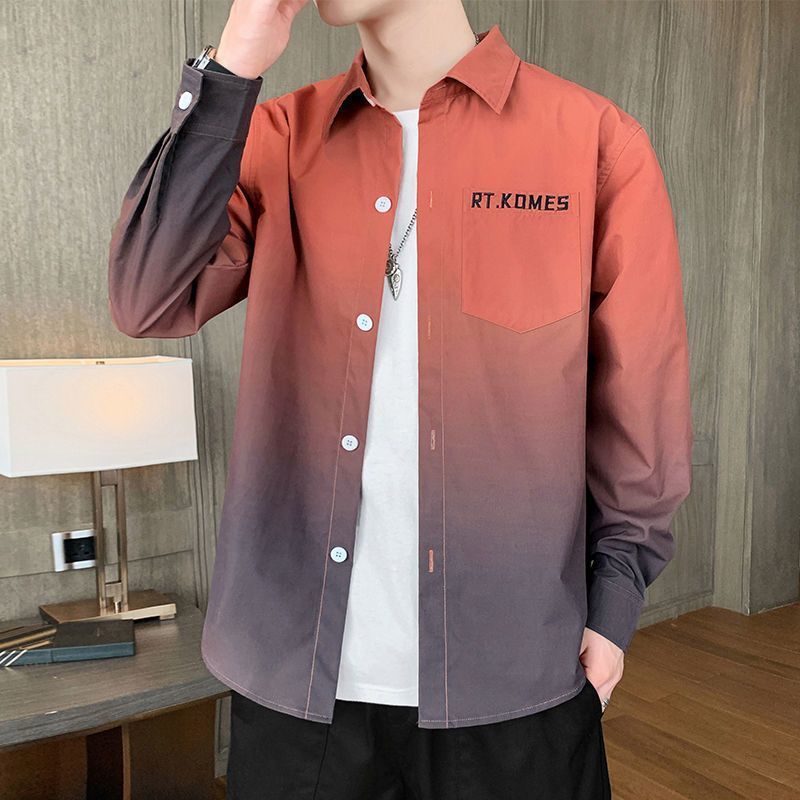 Gradient Long Sleeve Shirt for Men, Spring and Summer Loose Thin Jacket, Korean Style Trendy Casual ins Fashion Brand Sunscreen Shirt