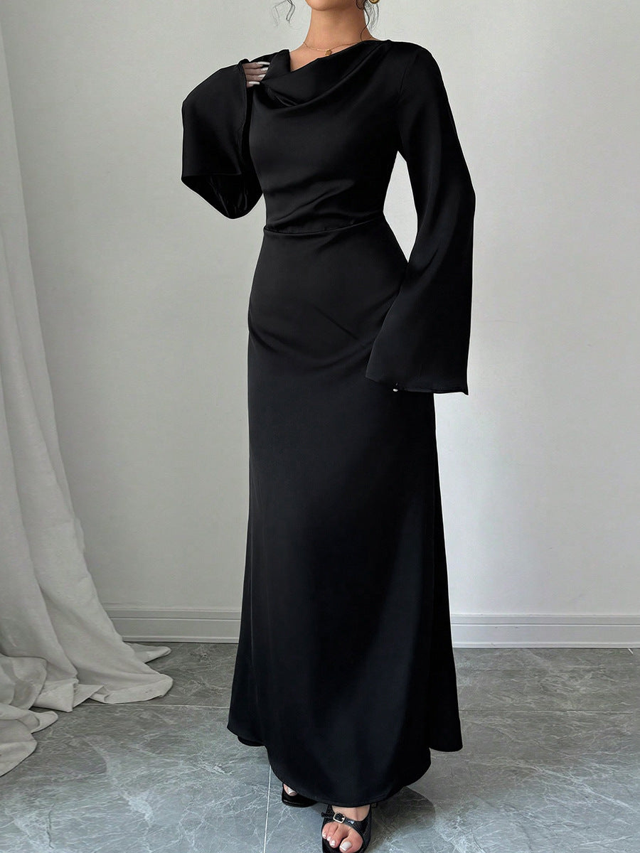 Pear-shaped Body Wear Women's Long-sleeved Loose Belted Waist Black Long Dress High-end Sense of Temperament Style Dress for Women